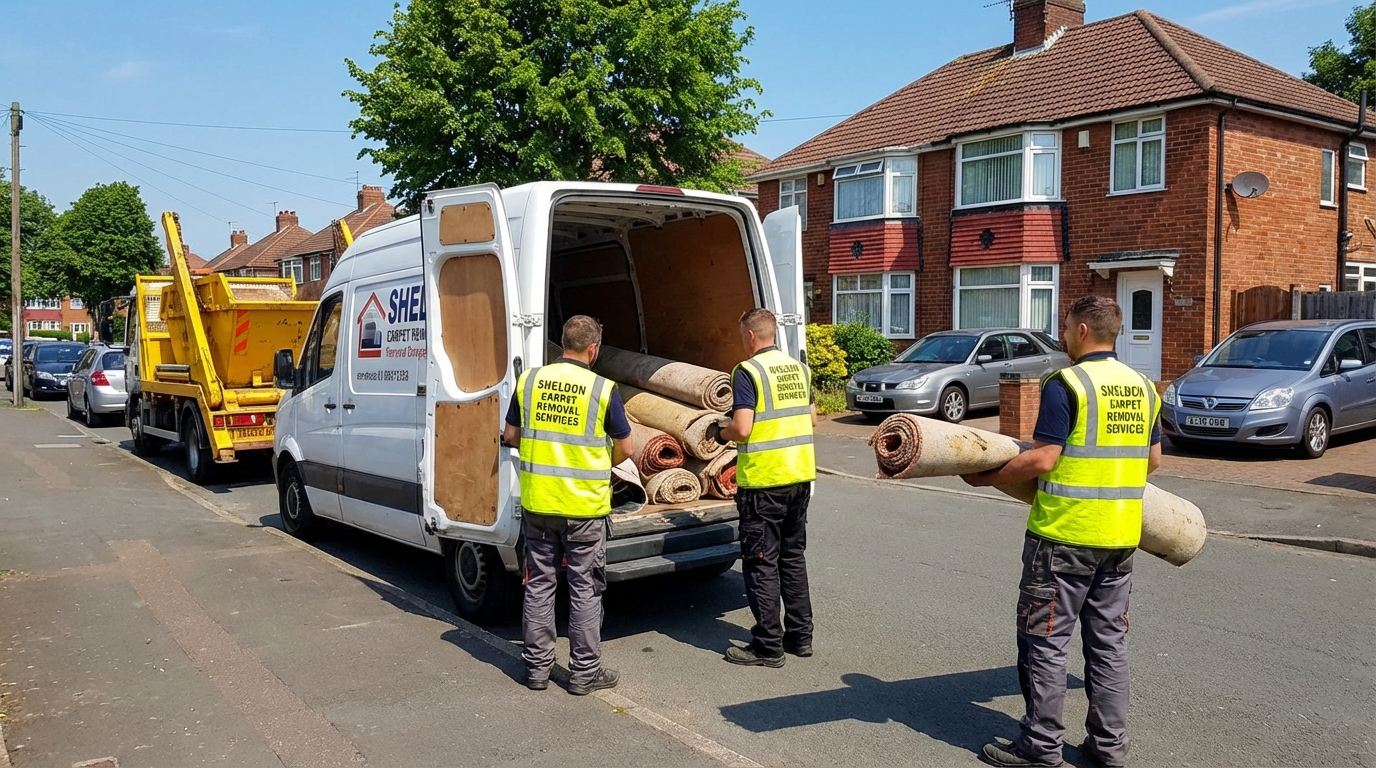 Professional Carpet Removal team in Sheldon loading waste into van