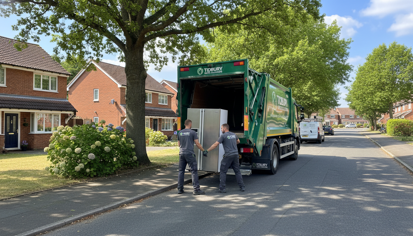 Professional Fridge Removal team in Tidbury Green loading waste into van