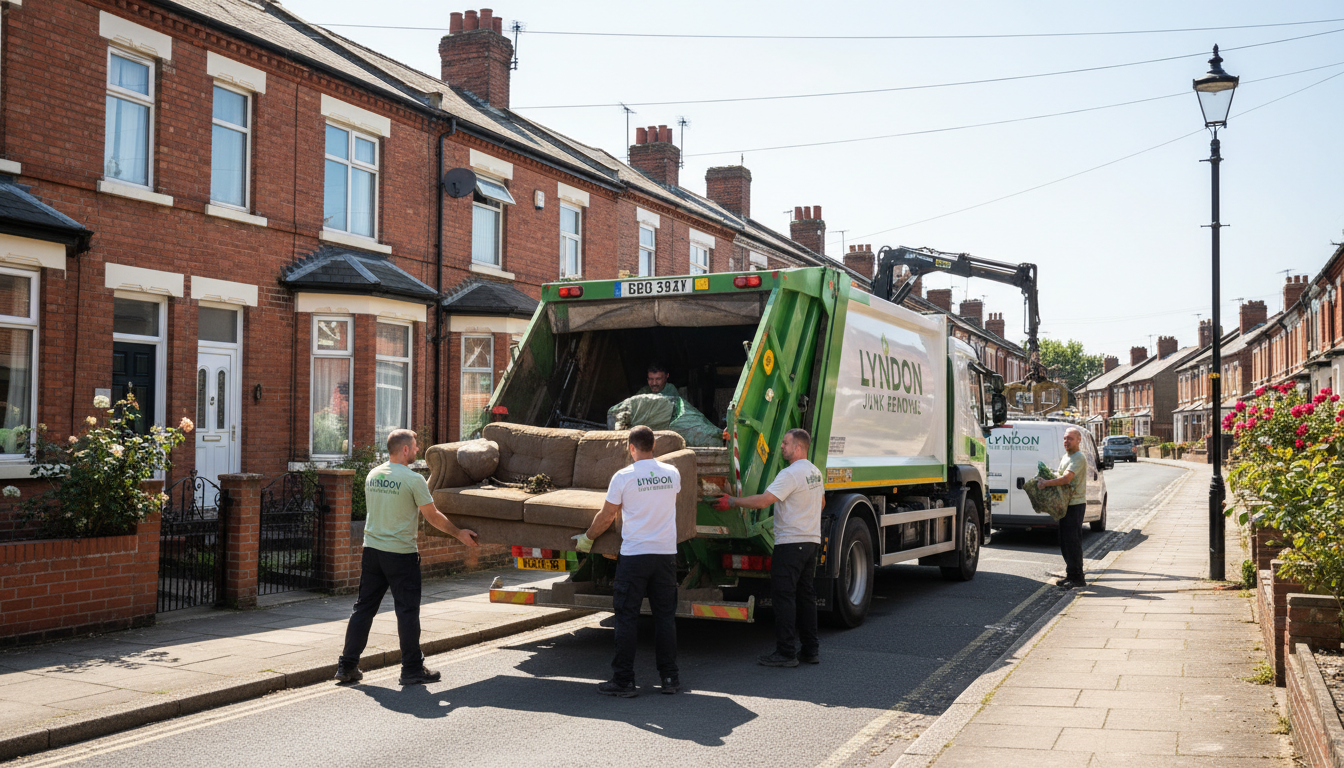 Professional Junk Removal team in Lyndon loading waste into van