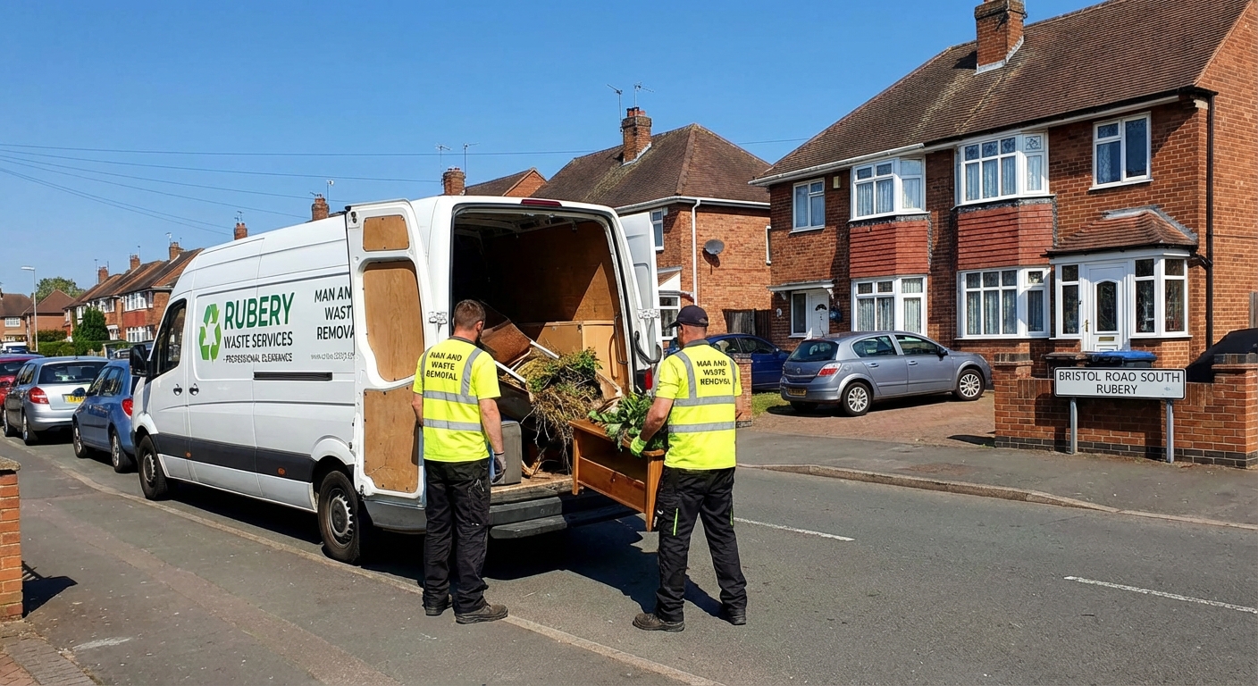 Professional Man And Van Waste Removal team in Rubery loading waste into van