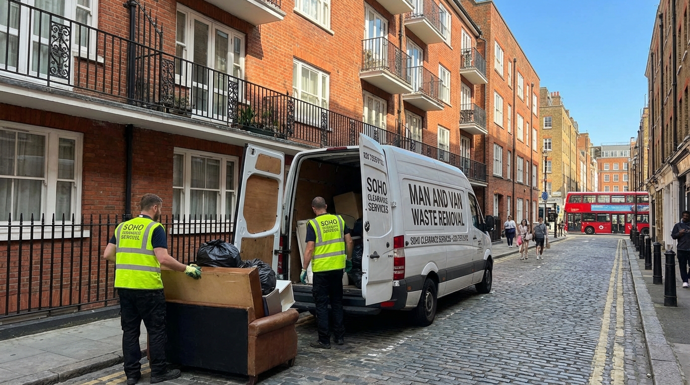 Professional Man And Van Waste Removal team in Soho loading waste into van