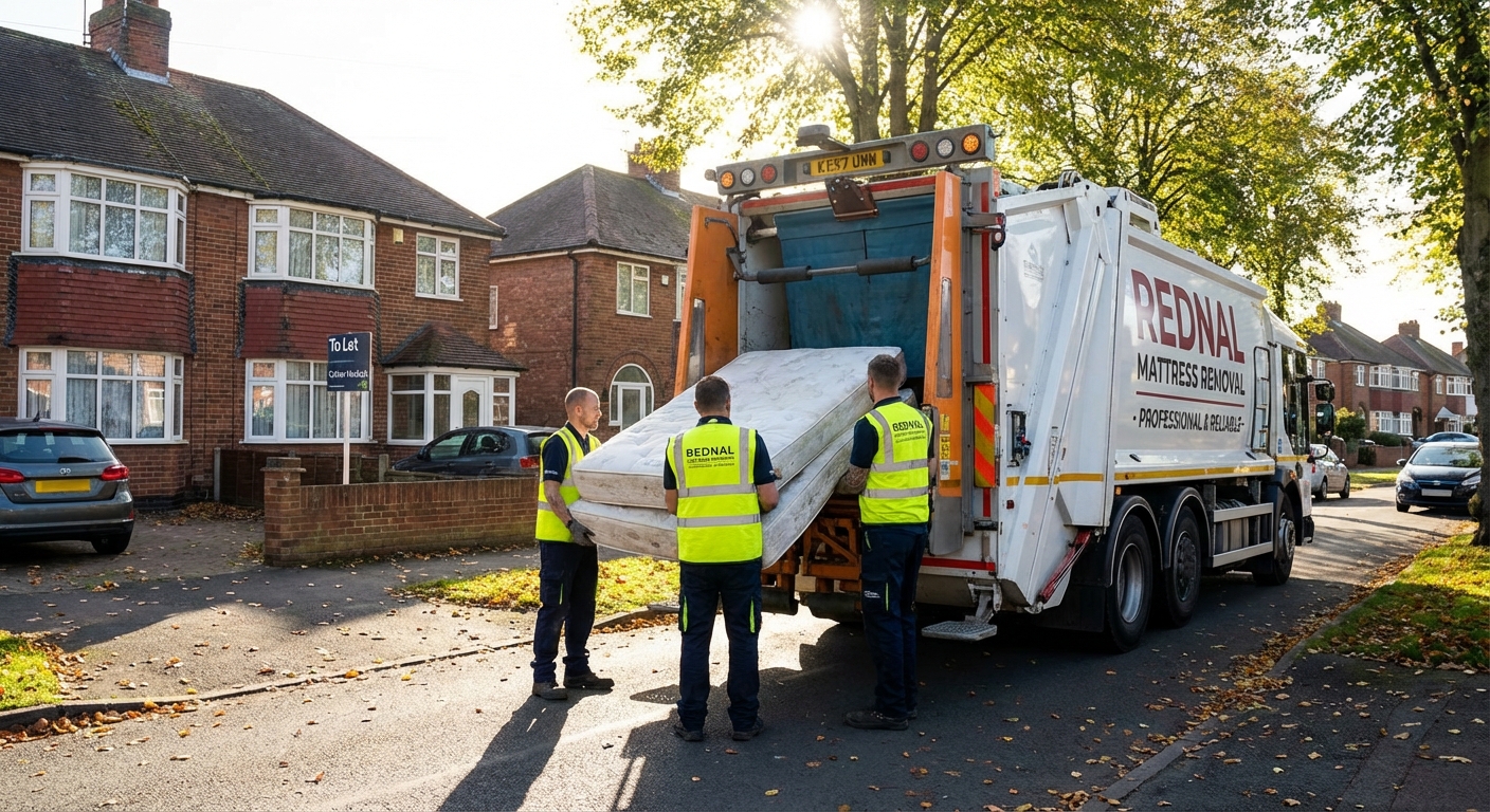 Professional Mattress Removal team in Rednal loading waste into van