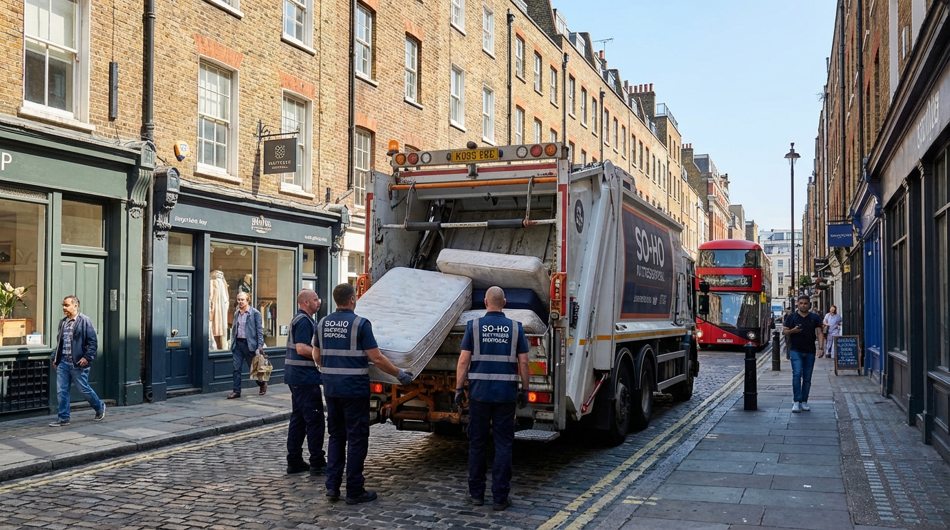 Professional Mattress Removal team in Soho loading waste into van