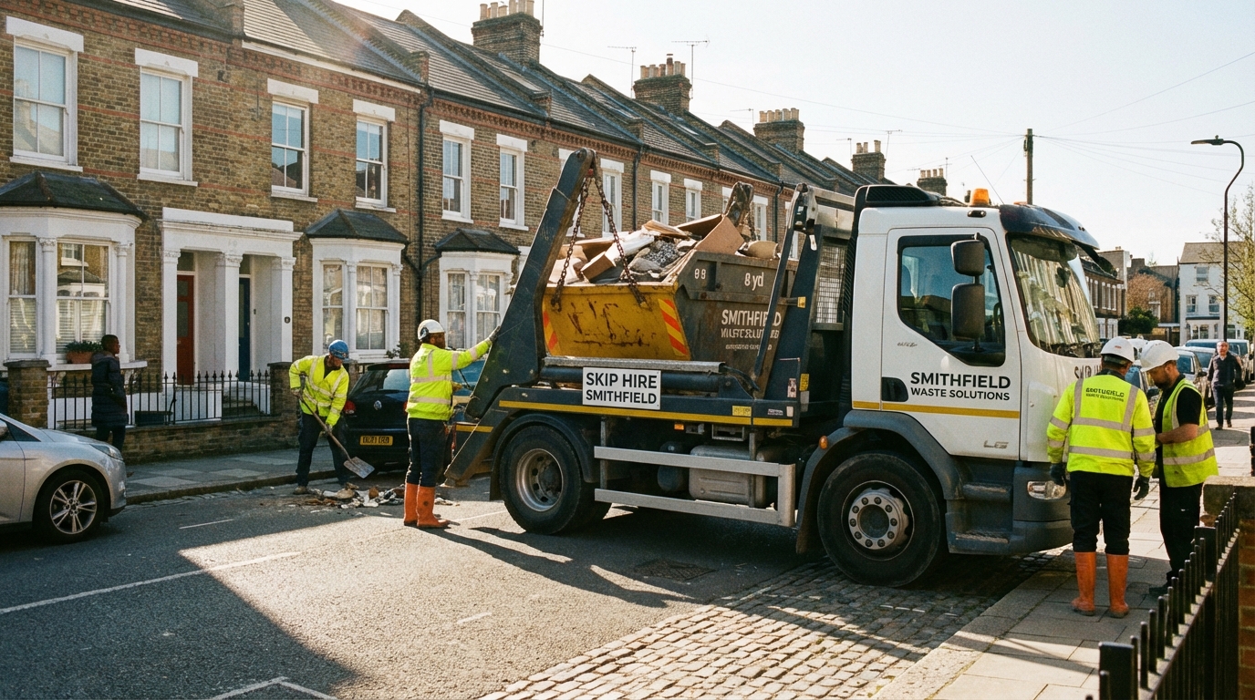 Professional Skip Hire team in Smithfield loading waste into van