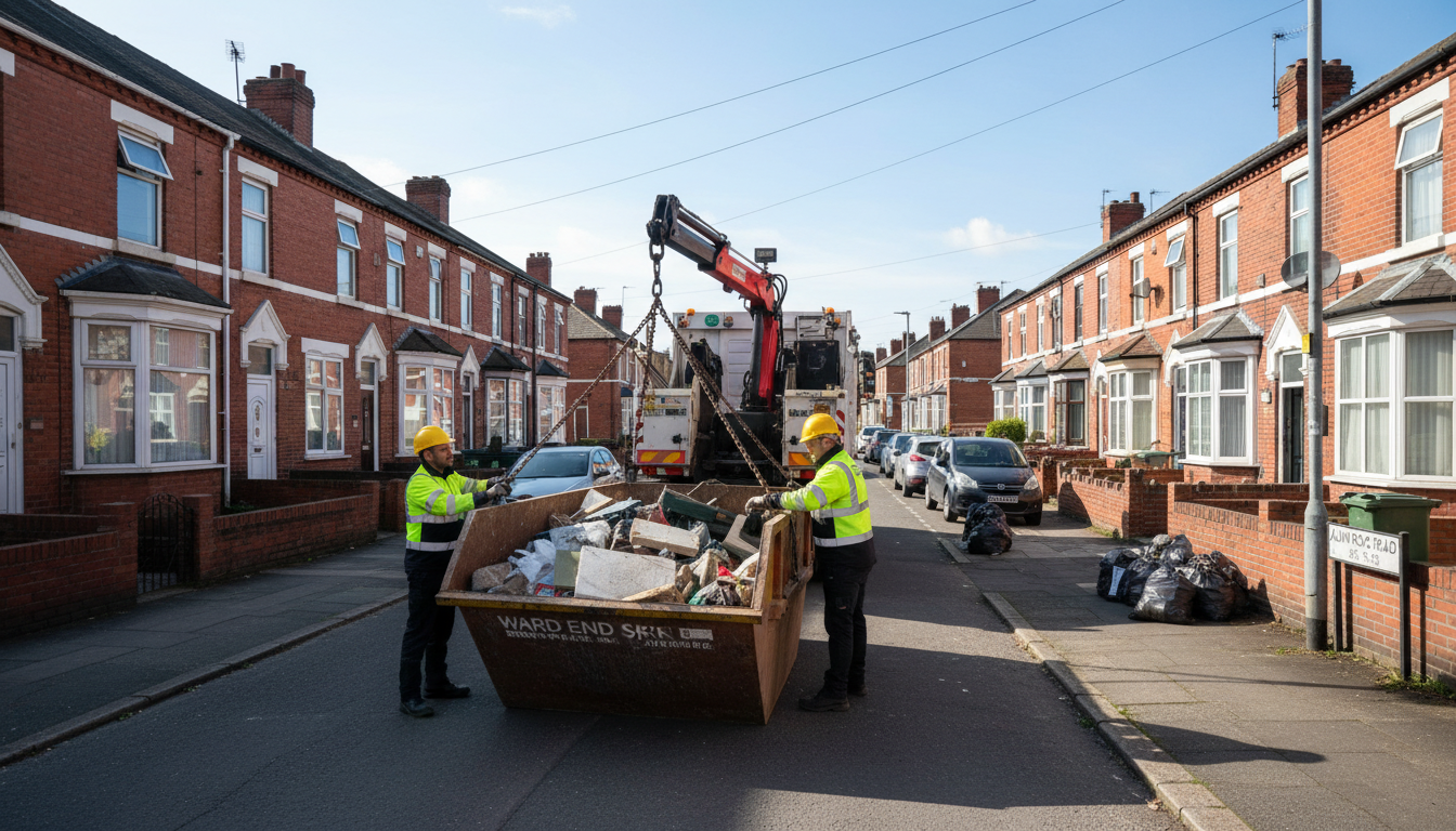 Professional Skip Hire team in Ward End loading waste into van